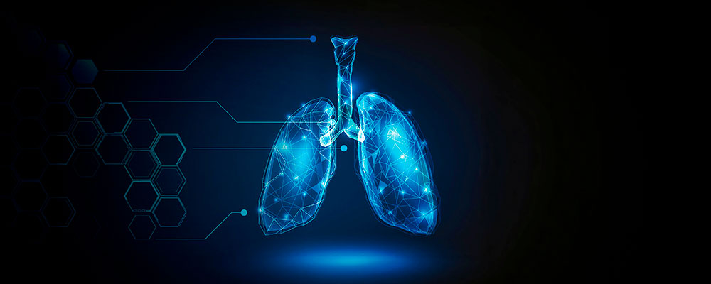 Ilustración digital de pulmones humanos en estilo futurista con líneas geométricas y fondo tecnológico azul oscuro.
