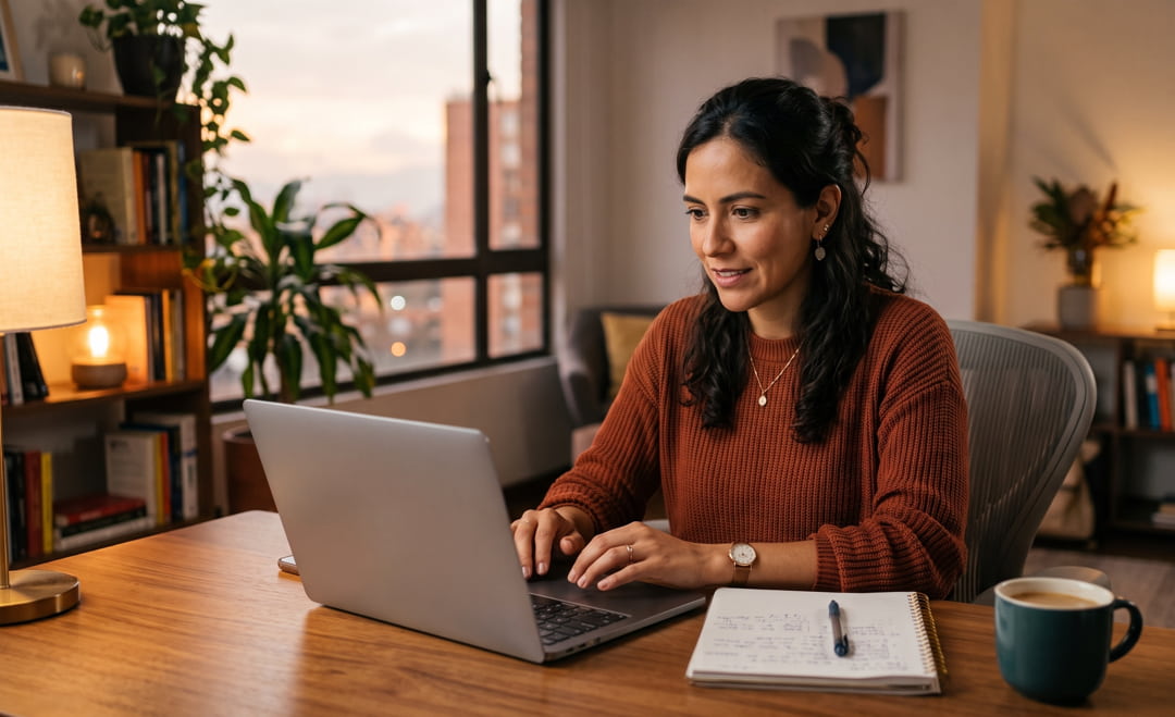 Profesional adulta estudia un diplomado desde su casa con un laptop, cuaderno y café sobre el escritorio.