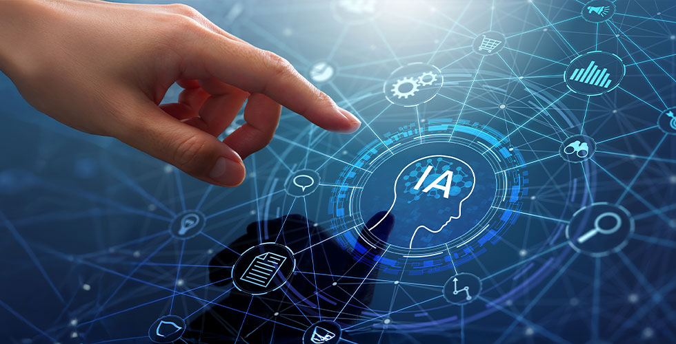 Mano interactuando con una interfaz digital de Inteligencia Artificial (IA) y redes de datos.