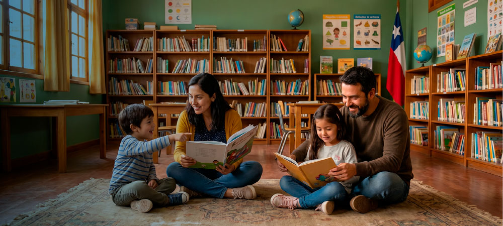 Una madre y un padre leen libros con sus dos hijos pequeños sentados en el suelo de una biblioteca escolar en Chile. Al fondo se ven estanterías llenas de libros y la bandera chilena.