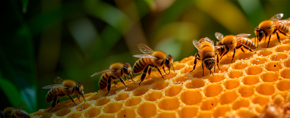 Un grupo de abejas trabajando activamente sobre un panal de miel dorado.