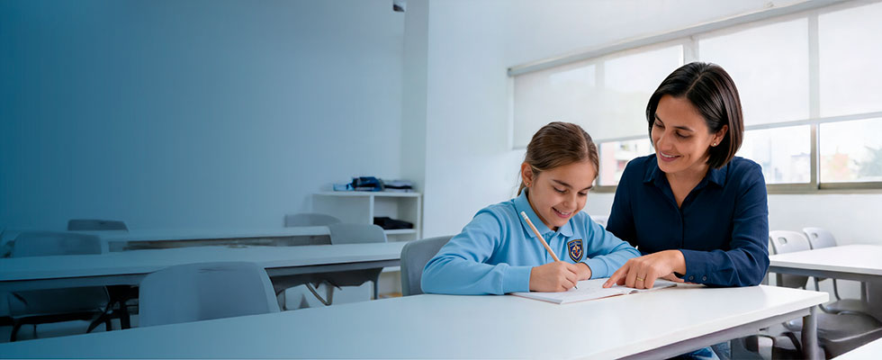 Una profesora o tutora orienta atentamente a una niña en uniforme escolar mientras escribe en su cuaderno dentro de un salón de clases.